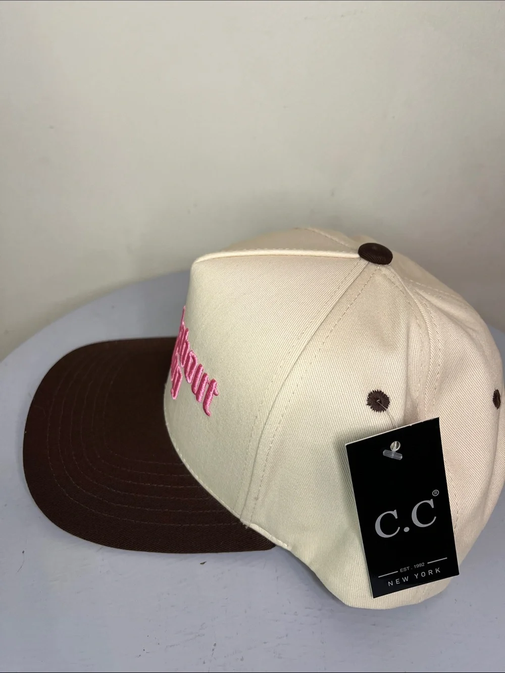 C.C. “Ask Me About My Dog” Beige & Brown Trucker Hat with Pink Embroidery NEW